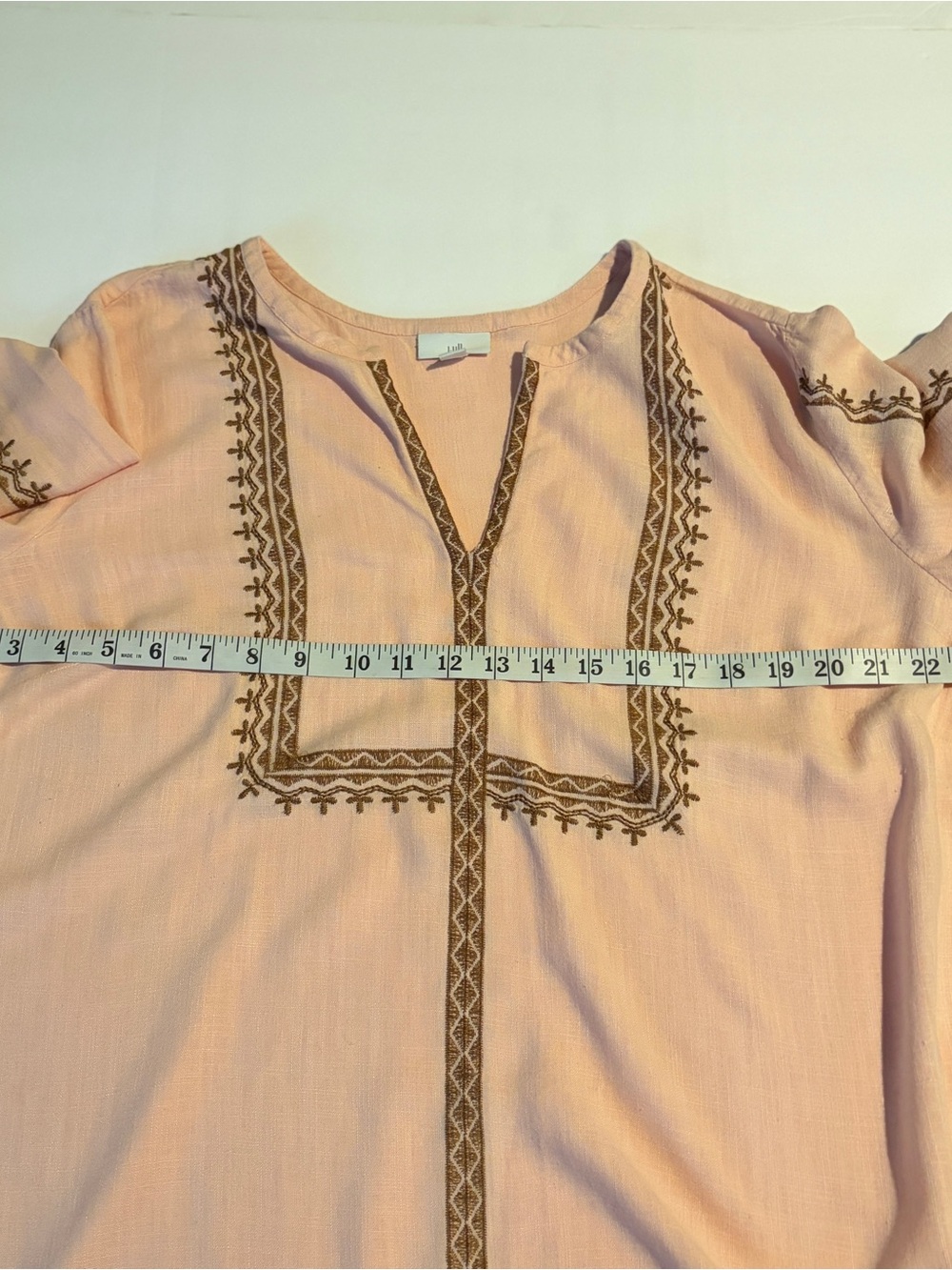 J Jill 1X Embroidered Linen Blend Dress Peach Brown Fall Boho Midi 3/4 Sleeve - Picture 10 of 11